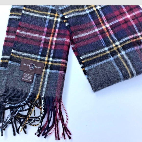 Black Brown 1826 long scarf classy gray & burgundy plaid 100%  cashmere - Picture 6 of 6